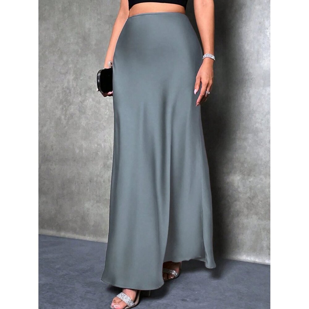 Satin maxi skirt long minimalist luxe classy olive green - Picture 5 of 8
